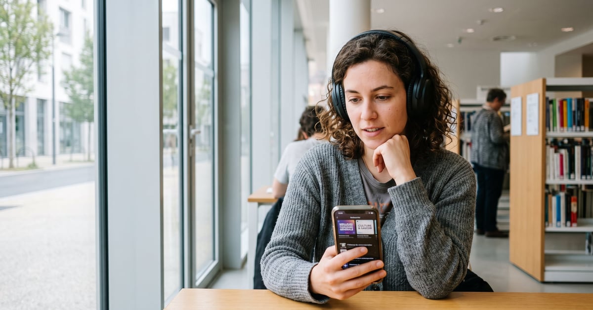 Meilleurs podcasts culture générale : écouteurs et smartphone sur un bureau moderne