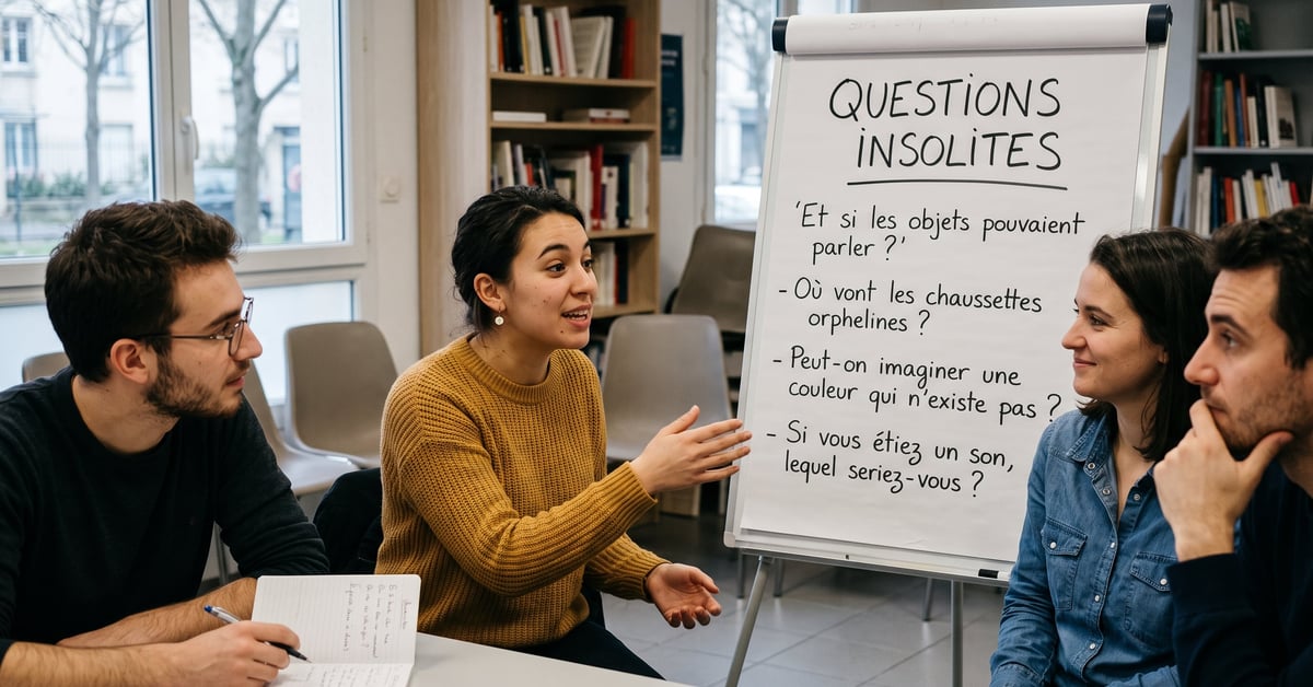 Groupe d'amis animés autour de questions insolites lors d'une soirée quiz conviviale