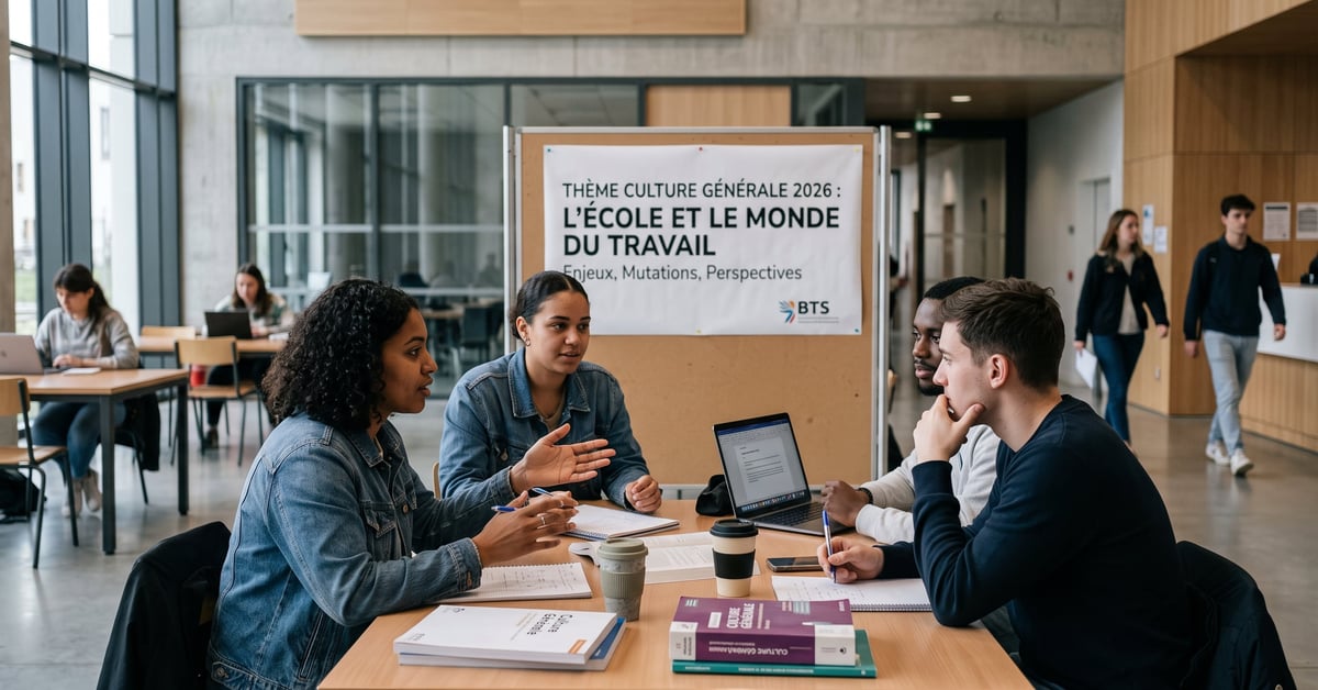 Thème de culture générale BTS 2026 : livres et notes d'étudiant sur un bureau moderne