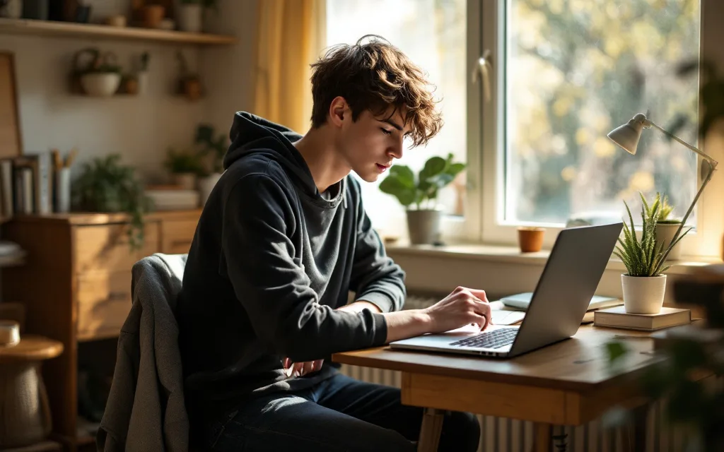 Jeune adulte assis à un bureau consultant une définition sur son ordinateur portable