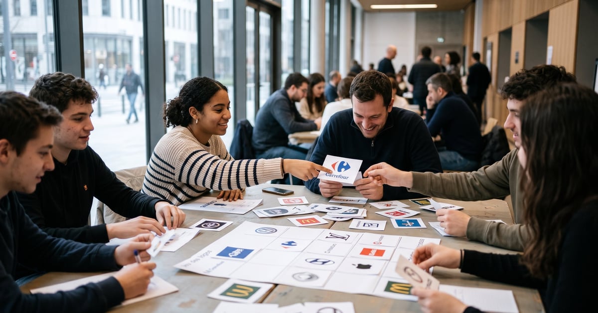 Jeu des logos et des marques posés sur une table moderne, quiz visuel d'identification de marques célèbres