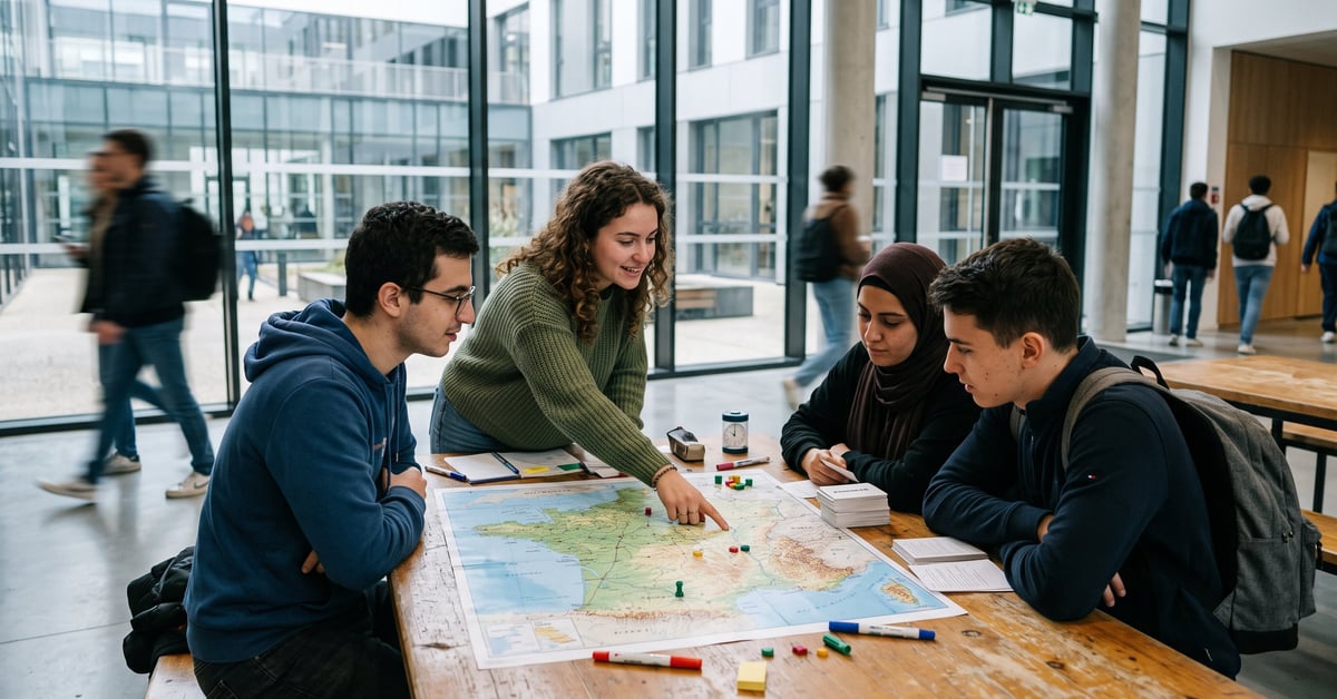 Jeu de géographie sur la France posé sur une table, carte et questions pour tester ses connaissances