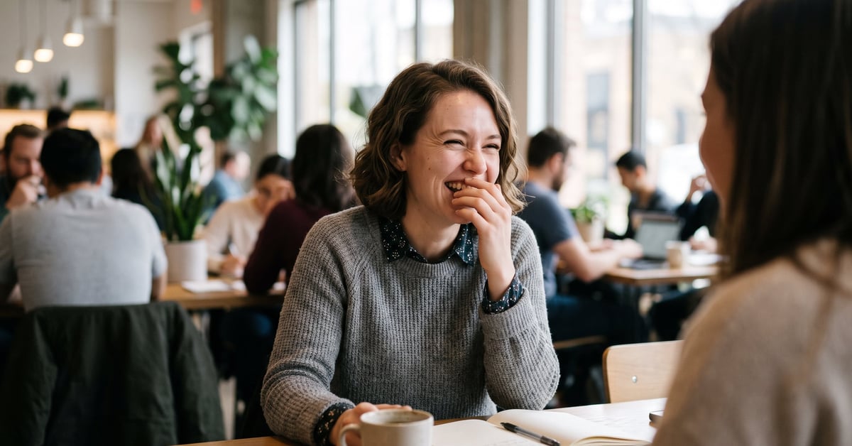 Personne hilare posant une question drôle avec une expression surprise et amusée